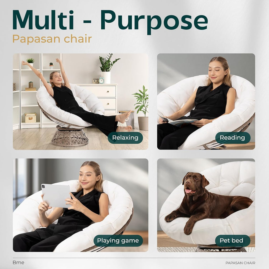 Bme 40' Ergonomic Wicker Papasan Chair with Soft Thick Density Fabric Cushion, High Capacity Steel Frame, 360 Degree Swivel for Living, Bedroom, Reading Room, Lounge