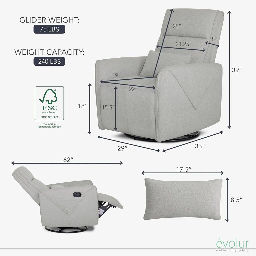 Evolur Sylas Nursery Glider Chair in Luxe Grey - Manual Recliner with 360° Swivel, Lumbar Support, Tufted Back & Side Pockets - Modern Rocking Chair for Baby Room, Nursery & Living Room