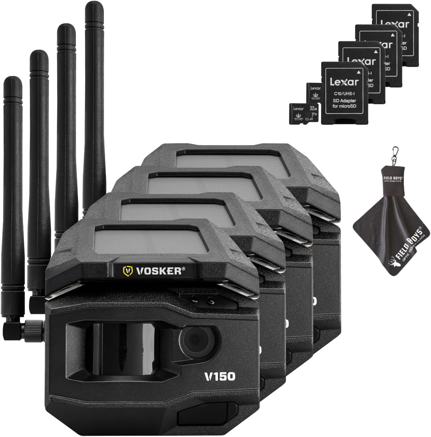 Vosker V150 Solar-Powered LTE Cellular Home Security Outdoor Camera | Motion Activated Sensor Nightvision Wireless Camera | Receive Photos on Your Mobile App with SD Cards and Cleaning Cloth (4PK)