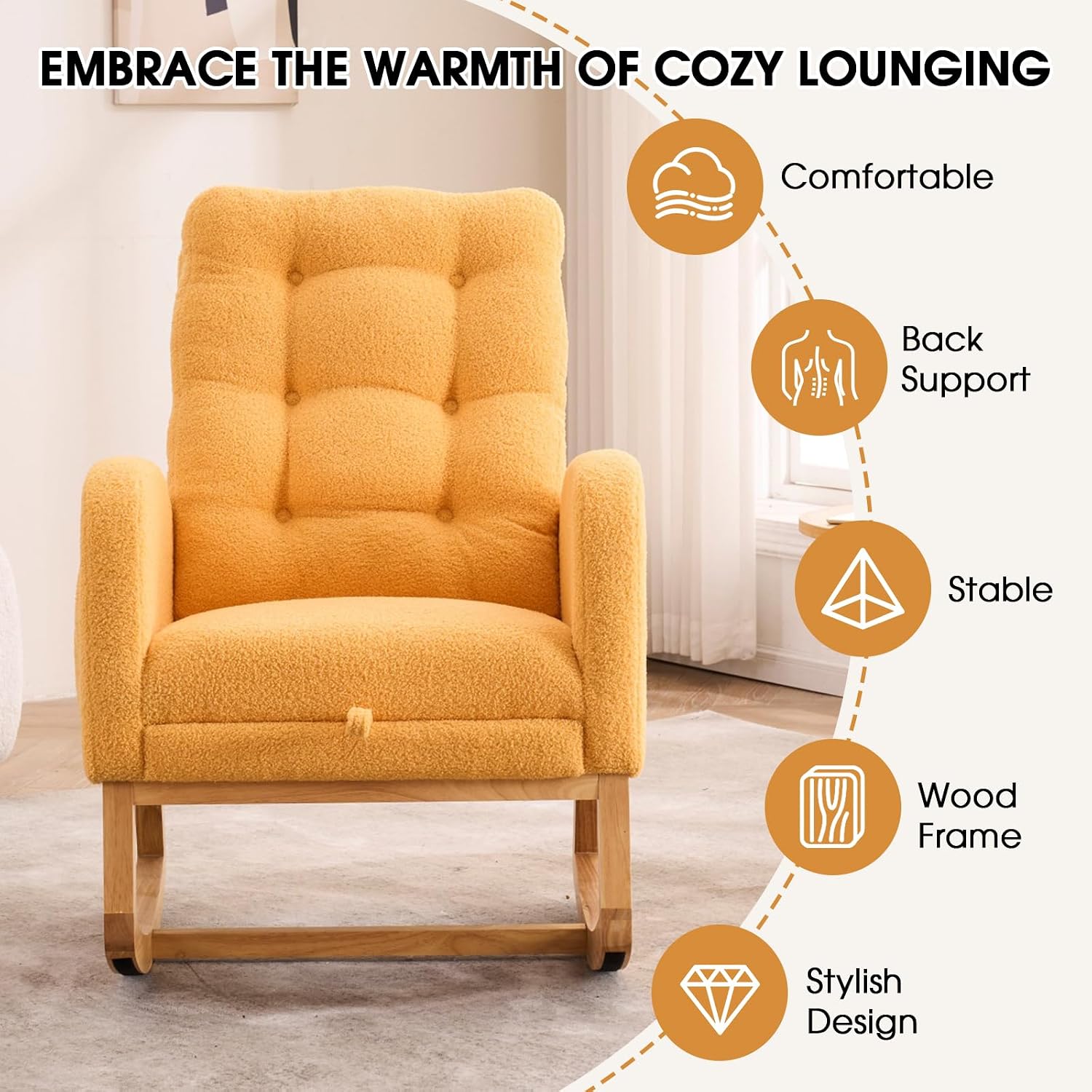 NIOIIKIT Nursery Rocking Chair, Linen Upholstered Glider Chair with Footrest, Tufted Rocker Recliner with Side Pocket, Comfy Recliner Glider, Accent Chair for Living Room (Yellow Teddy)