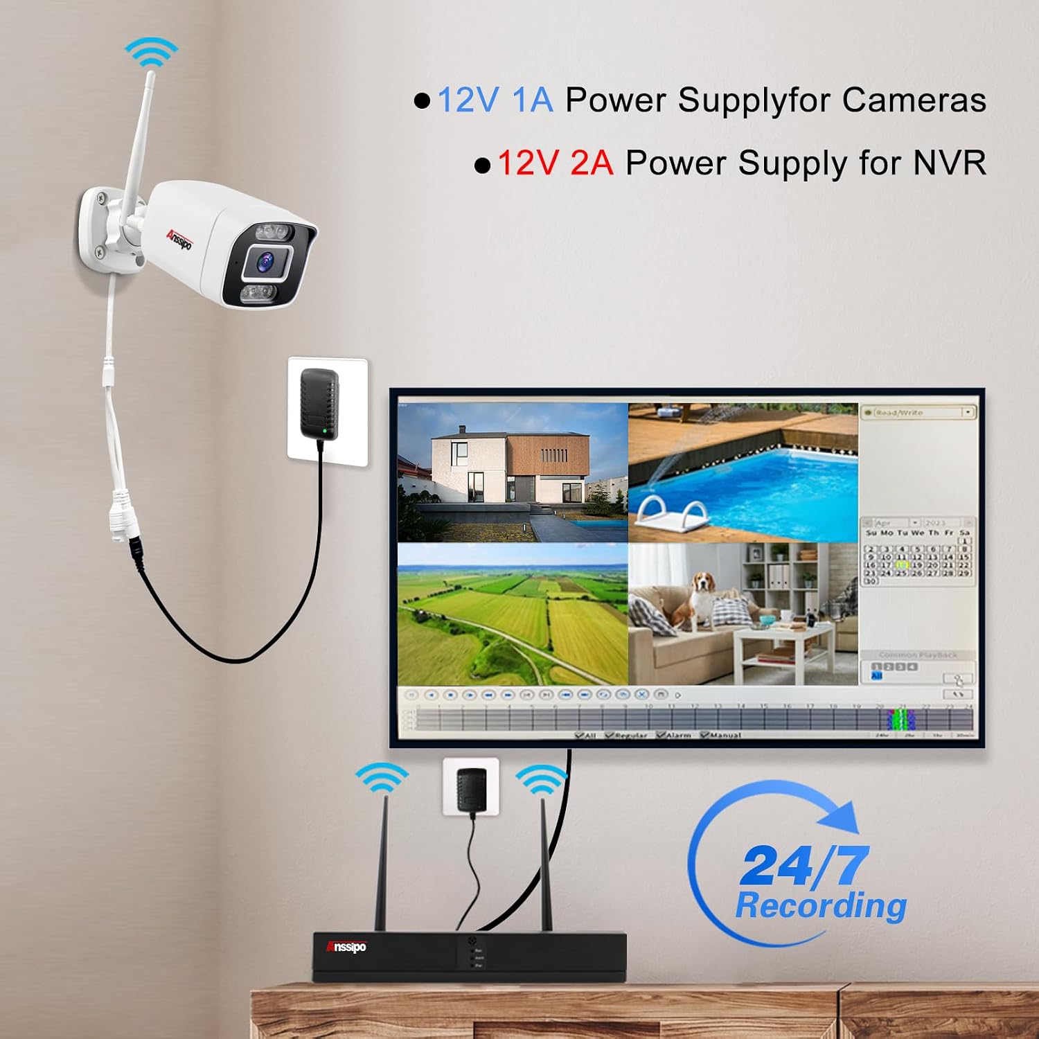 5MP WiFi Security Camera System Outdoor, Expandable 8CH 5MP NVR, Corded Electric Power Home Cameras, 24/7 Continuous Recording, 1TB Hard Drive, 2 Way Audio, AI Detection, Color Night Vision