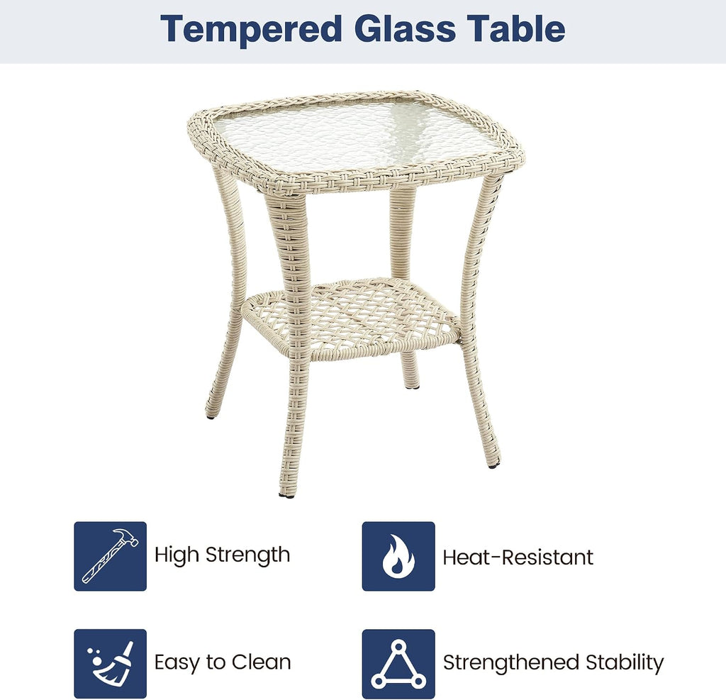 GAOMON 3 Piece Outdoor Patio Set, Wicker Rocking Bistro Set with 2 Swivel Chairs & Tempered Glass Top Table, Rattan Outdoor Furniture with Cushions for Patio Porch Backyard,Beige/Light Blue Cushion