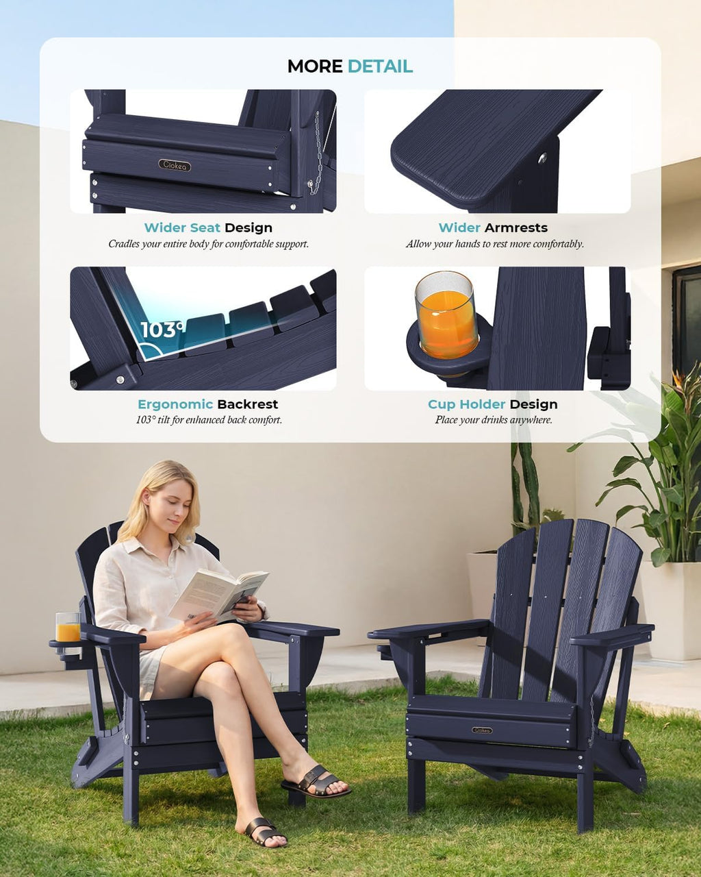 Ciokea Folding Adirondack Chair Wood Texture, Patio Adirondack Chair Weather Resistant, Plastic Fire Pit Chair with Cup Holder, Lawn Chair for Outdoor Porch Garden Backyard Deck, Dary Navy Blue