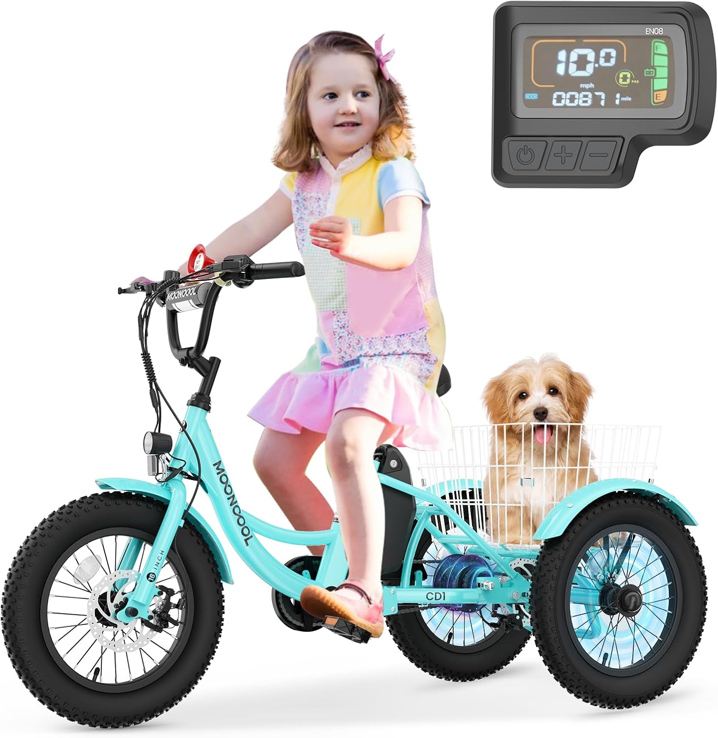 LILYPELLE Electric Tricycle for Youth, 250W Aluminum Frame Electric Tricycle Etrike, 16IN 3 Wheels Electric Bicycle Bikes, 3.0 Fat Tire Electric Trike with Removable Battery and Rear Basket