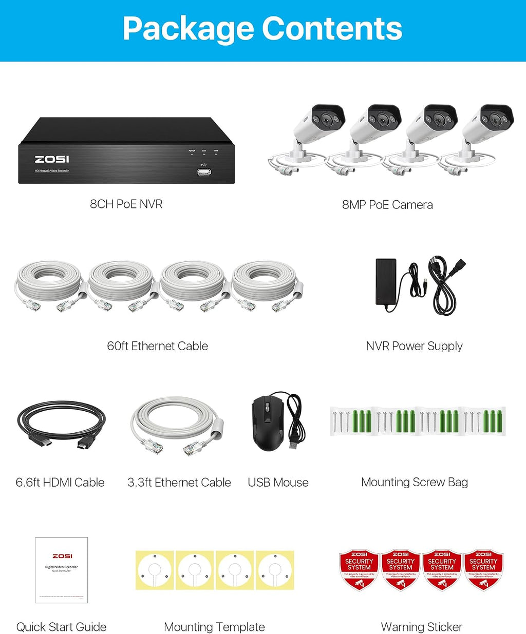 ZOSI 8-Channel 4K PoE Surveillance Camera System with 4 x 8MP Outdoor Security Bullet Cameras, Night Vision, Motion Detection, Remote Access, IP66 Waterproof, HDD Not Included