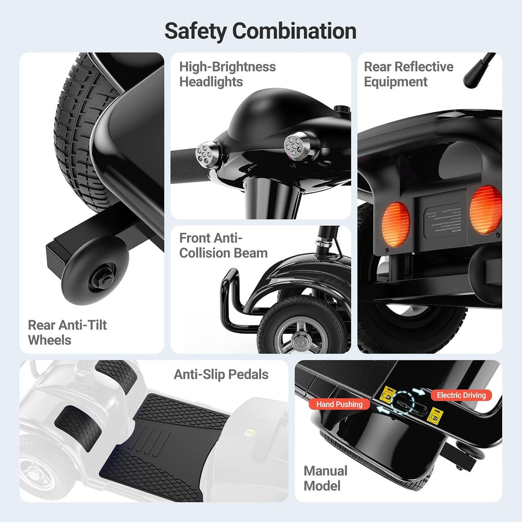 4 Wheel Mobility Scooters for Adults，Electric Power Mobile Scooters for Seniors，Foldable and Compact Heavy Duty Travel Scooter with Basket，Lights，Long-Lasting Battery and Cup Holder
