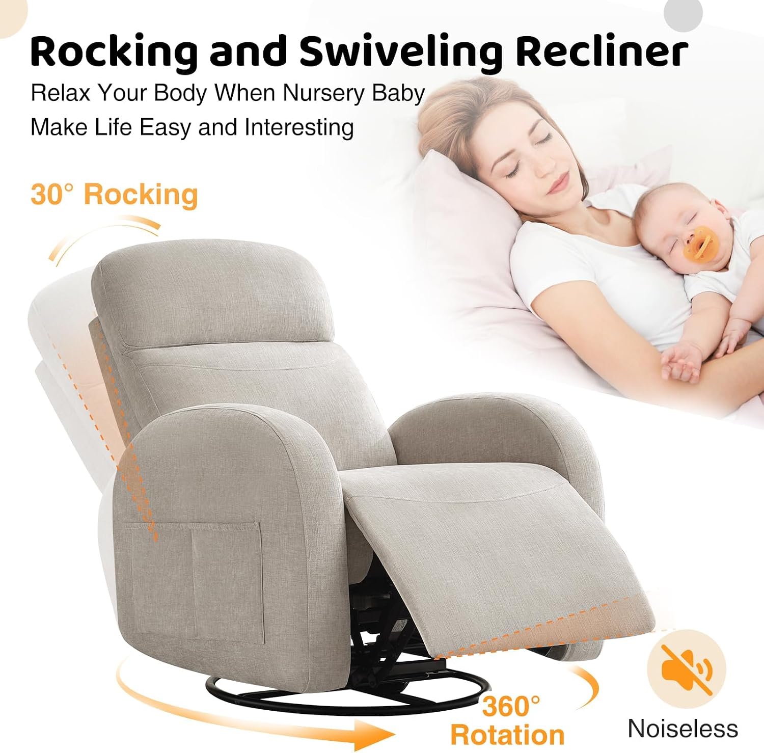 Swivel Rocker Recliner Chair, Rocking Recliner for Nursery with Side Pockets, Manual Swivel Reclining Nursery Glider Chair for Breastfeeding Living Room, Camel Chenille