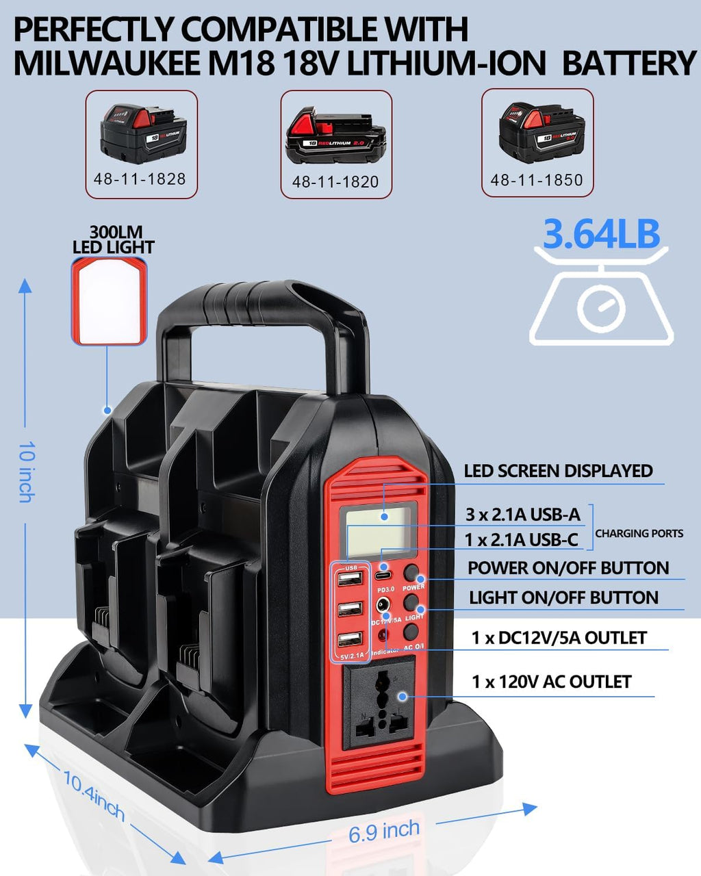 Taingwei 350W Power Inverter for Milwaukee M18 18V Battery, 4-Ports DC 18V to AC 110-120V Pure Sine Wave Battery Inverter with 3 USB-A Port, 1 USB-C Port,LED Light for Camping Emergency(Tool Only)