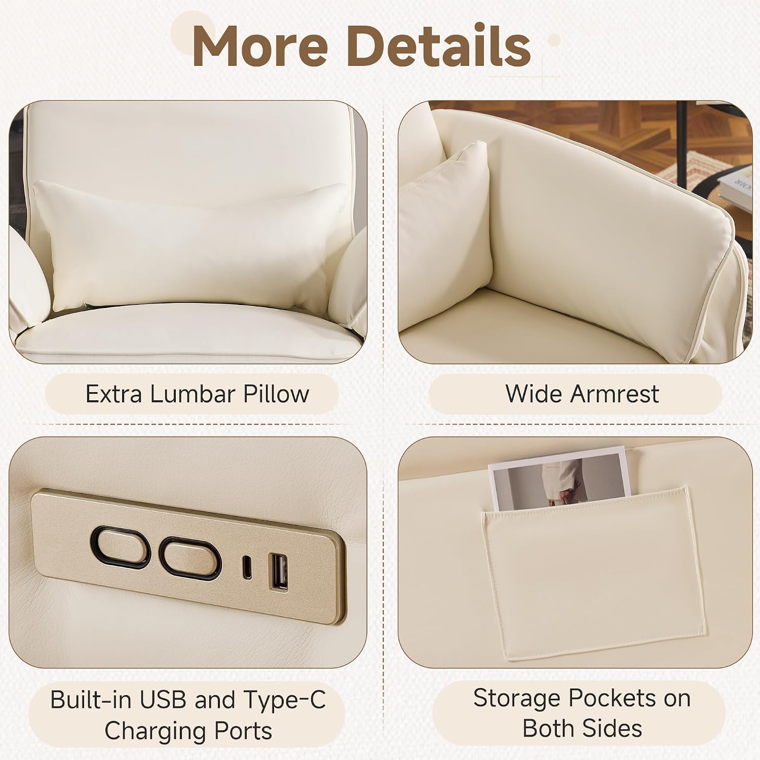 MELLCOM Power Recliner Rocking Chair Nursery Gliders with Adjustable Armrests and Headrest, Swivel Electric Glider Reclining Nursing Chair with Storage Bags and USB Port, FSC Certified(Beige Leather)