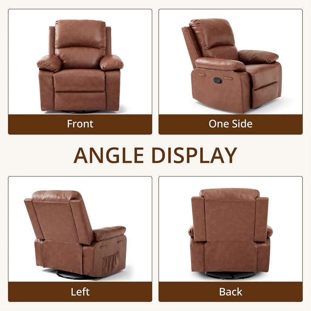 360° Swivel Rocking Leather Recliner Chair Set of 2, Overstuffed Manual Recliner with Spring Cushion, Glider Rocking Nursery Single Sofa with Side Pockets for Living Room, Camel