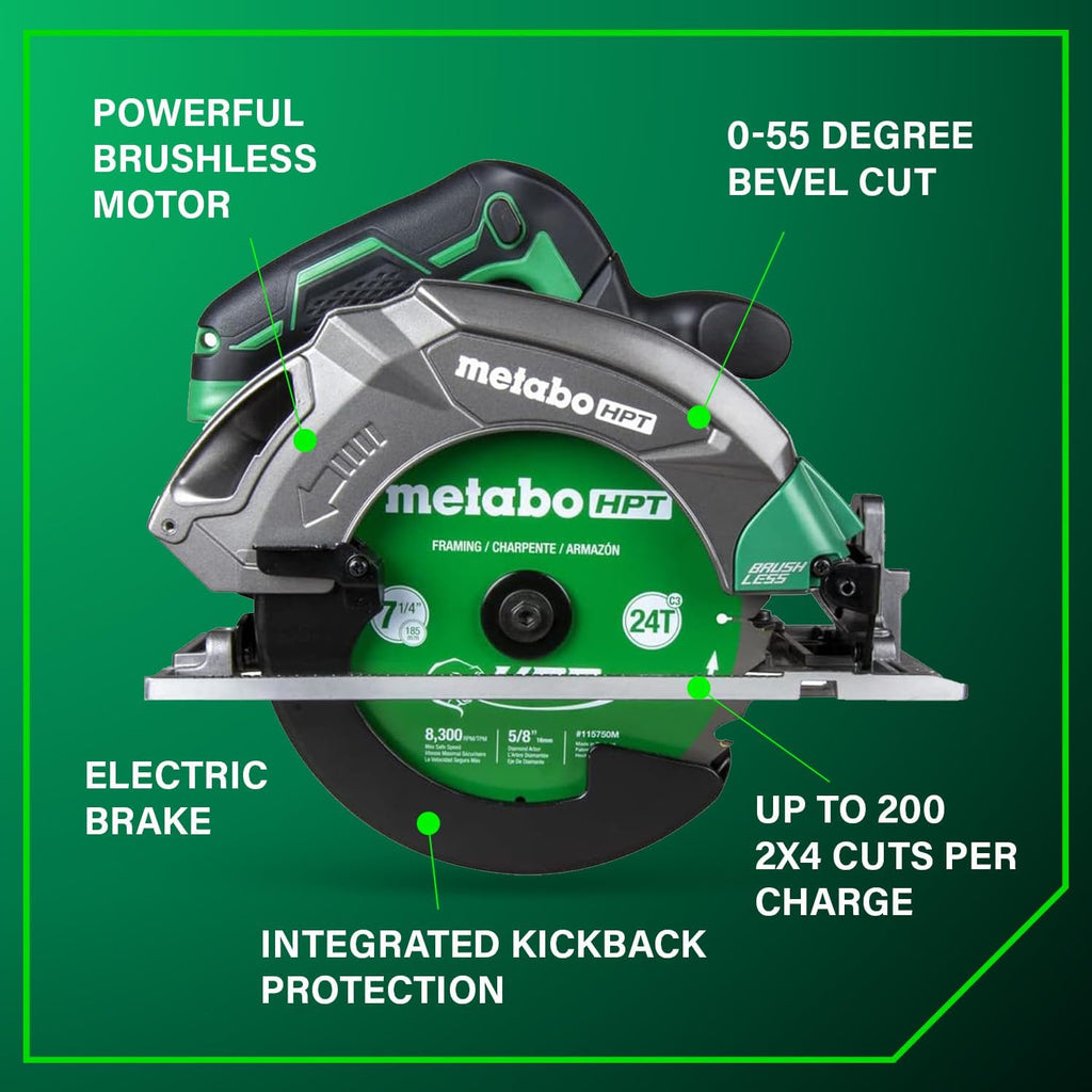 Metabo HPT 18V MultiVolt 7-1/4 Inch Cordless Circular Saw, High Torque, Lightweight Design, Up to 200 2x4 Cuts/Charge, Accepts 18V and 36V MultiVolt Metabo HPT Batteries, Tool Body Only, C1807DAQ4