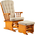 Rustic Nursery Glider Chair with Ottoman, Rubber Wood Glider Rocking Chair Set, Silent Bearings & Anti-Pinch Design, High Density Foam Cushion for Living Room Bedroom Nursing, Honey Wood Finish
