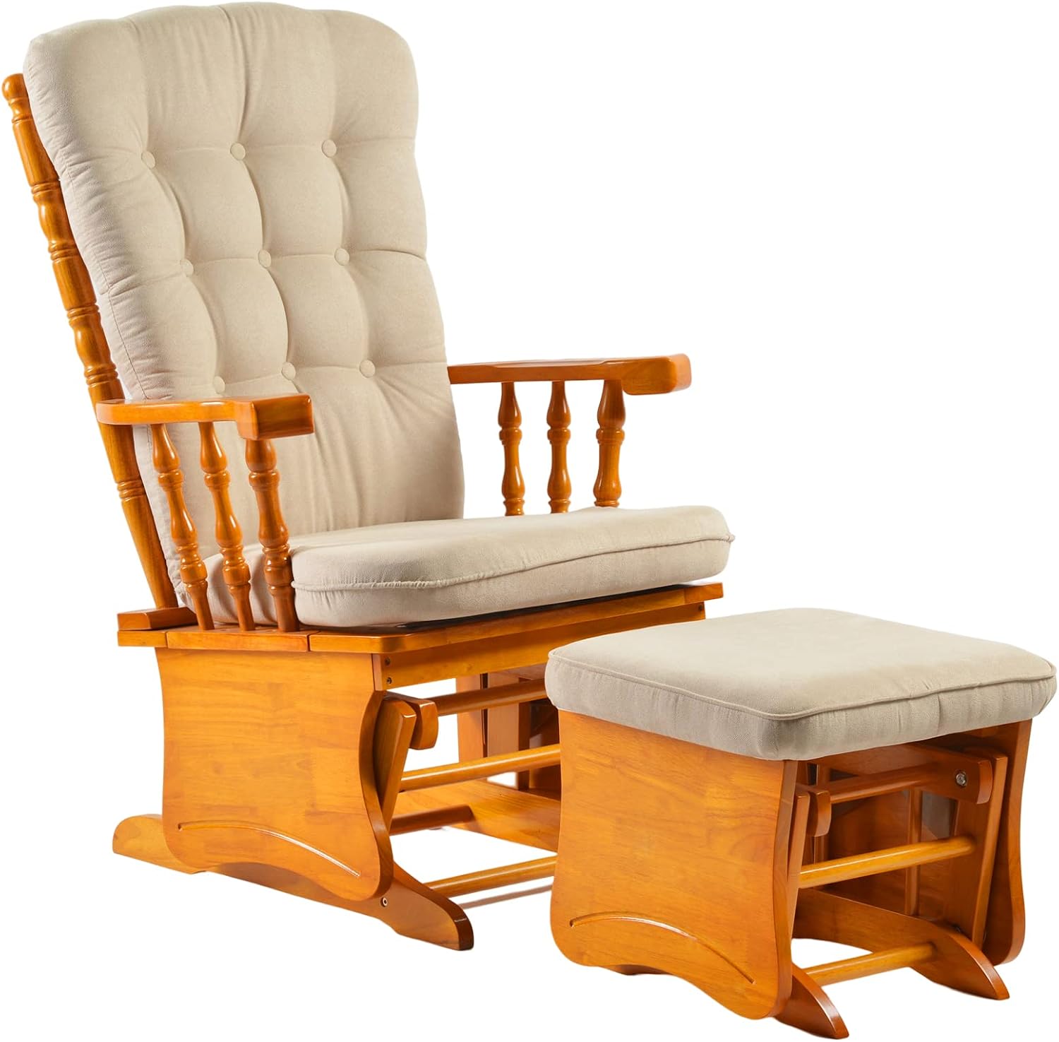 Rustic Nursery Glider Chair with Ottoman, Rubber Wood Glider Rocking Chair Set, Silent Bearings & Anti-Pinch Design, High Density Foam Cushion for Living Room Bedroom Nursing, Honey Wood Finish