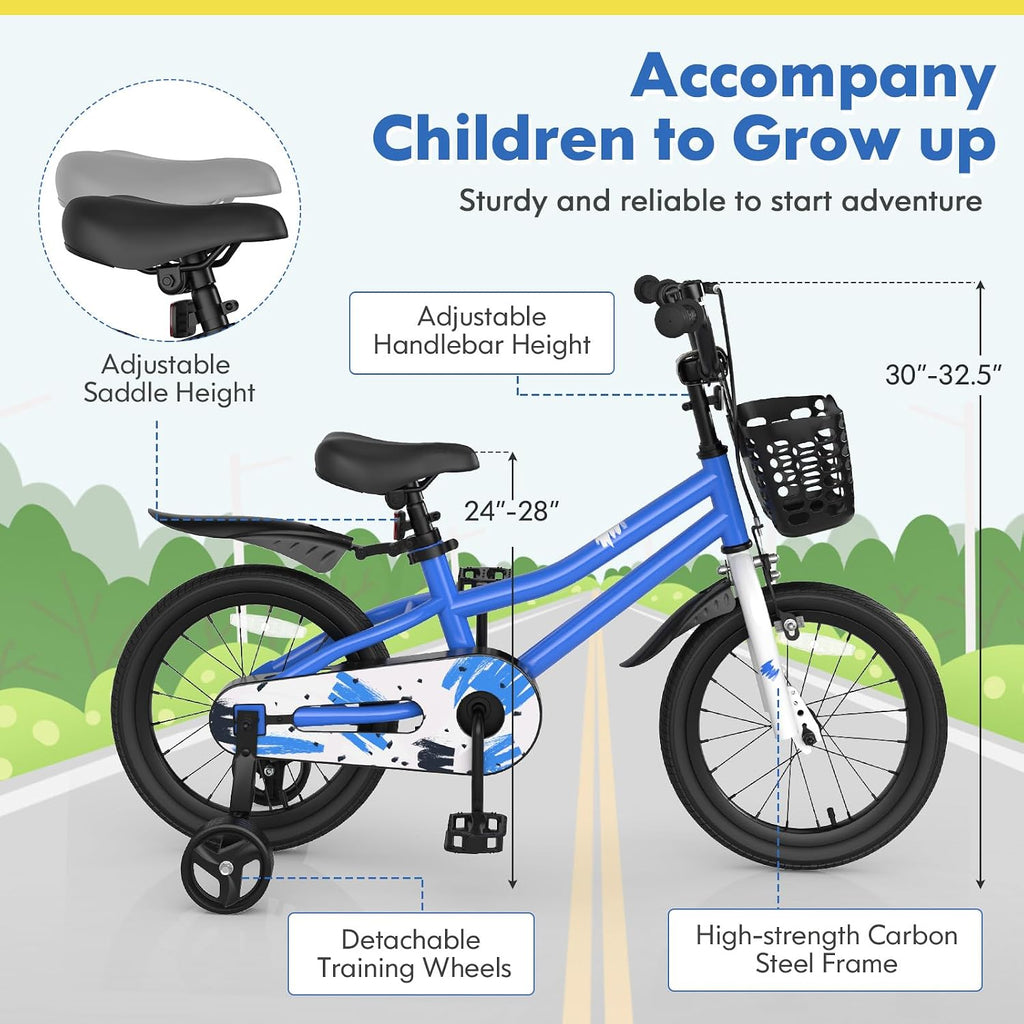 COSTWAY Kids Bike, 12 14 16 18 20 Inch Toddler Bike for Boys & Girls Aged 3-8 Years Old, Kids Bicycle w/Removable Training Wheels, Handbrake & Coaster Brake, Basket, Bell