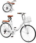 CamPingSurvivals 24/26 Inch Foldable Bike Folding Bicycle, 7 Speed Beach Cruiser Bike with Lock, Comfort Back Seat, Foldable Basket & Ergonomic Upright Frame, Cruiser Bicycle for Adults