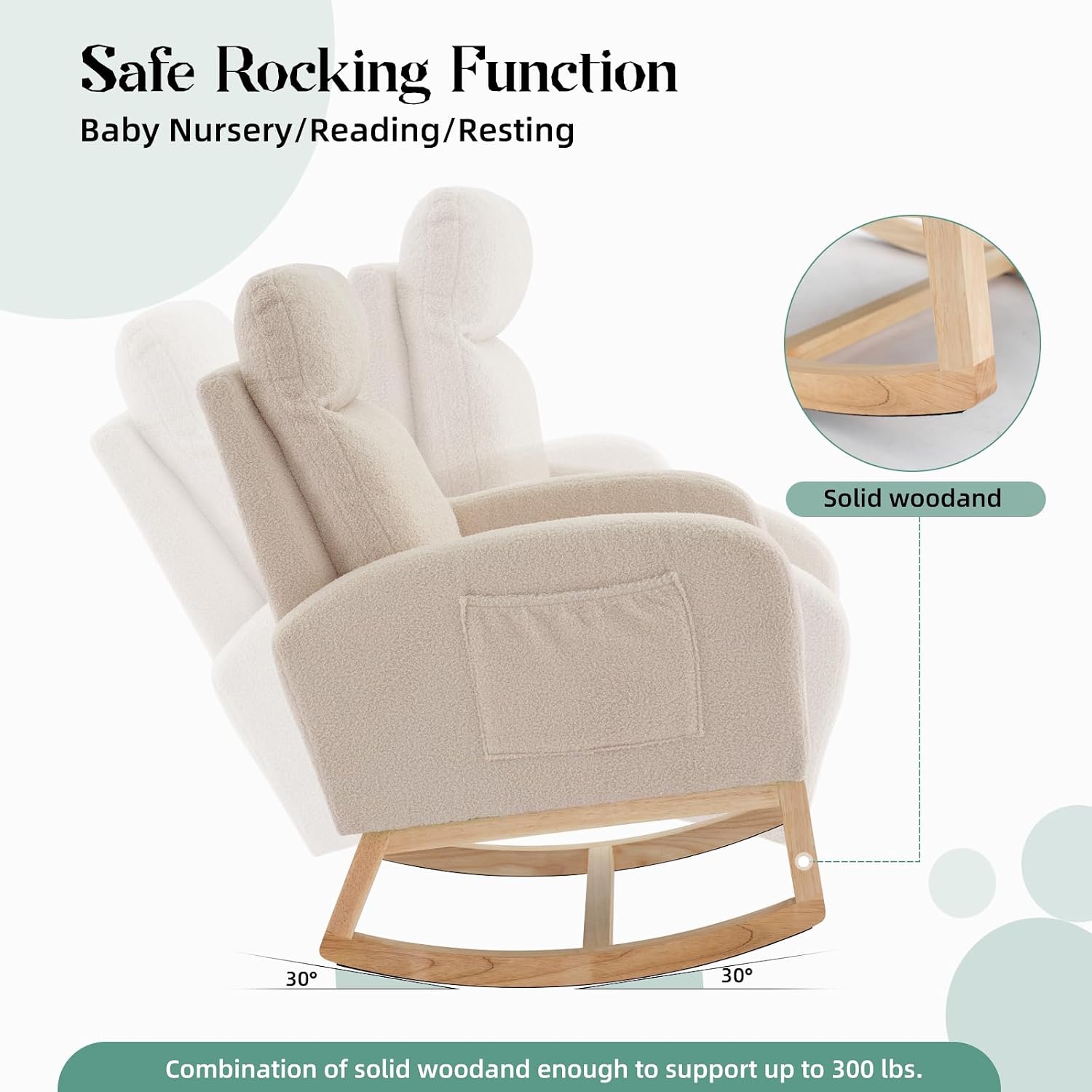 IDEALHOUSE Nursery Rocking Chair, Upholstered Glider Rocker with High Back & Side Pocket, Comfy Nursing Chair for Breastfeeding, Padded Nursery Armchair for Baby Room, Bedroom & Living Room