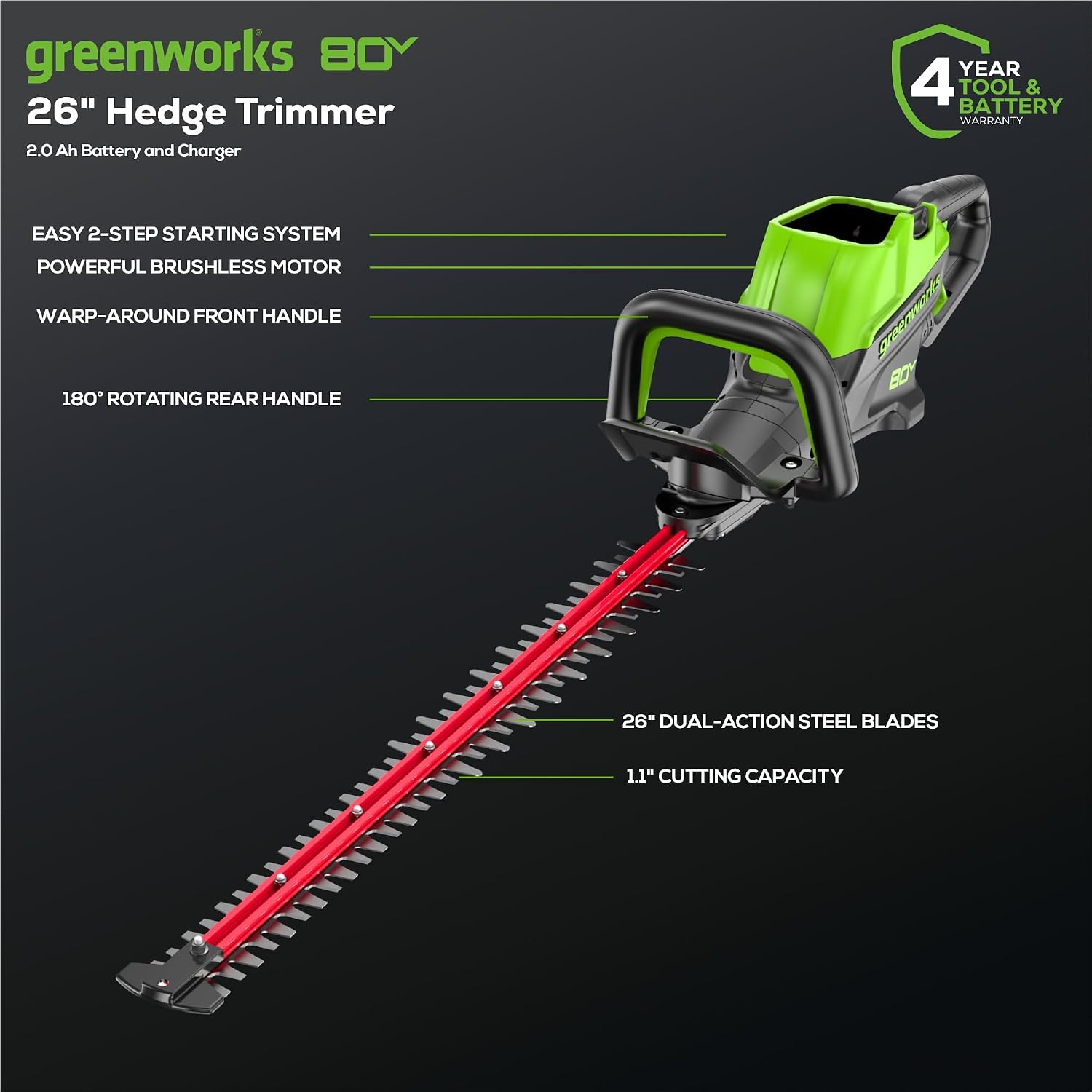 Greenworks 80V 26' Brushless Hedge Trimmer with 2.0Ah Battery and 2A Charger
