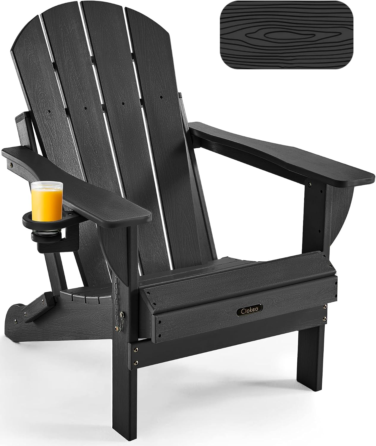 Ciokea Folding Adirondack Chair Wood Texture for Patio, Weather Resistant, Plastic Fire Pit Chair with Cup Holder, Lawn Chair for Outdoor Porch Garden Backyard Deck (Black)