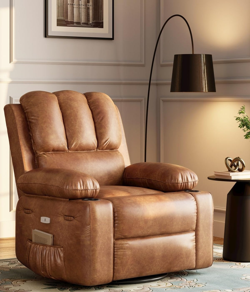 Oversized 27' Power Recliner Chair with Heat and Massage - 360° Swivel Faux Leather Rocking Chair for Adults with Cup Holder for Living Rooms, Bedrooms, and Nurseries - Brown