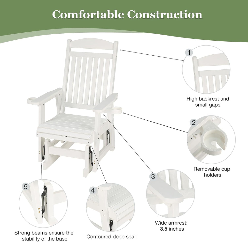 Poly Lumber Patio Glider for One Person, with Cup Holders, High Backrest and Deep Contoured Seat, HIPS Material, All-Weather Resistant, Heavy Duty 700 LBS (Ivory White)