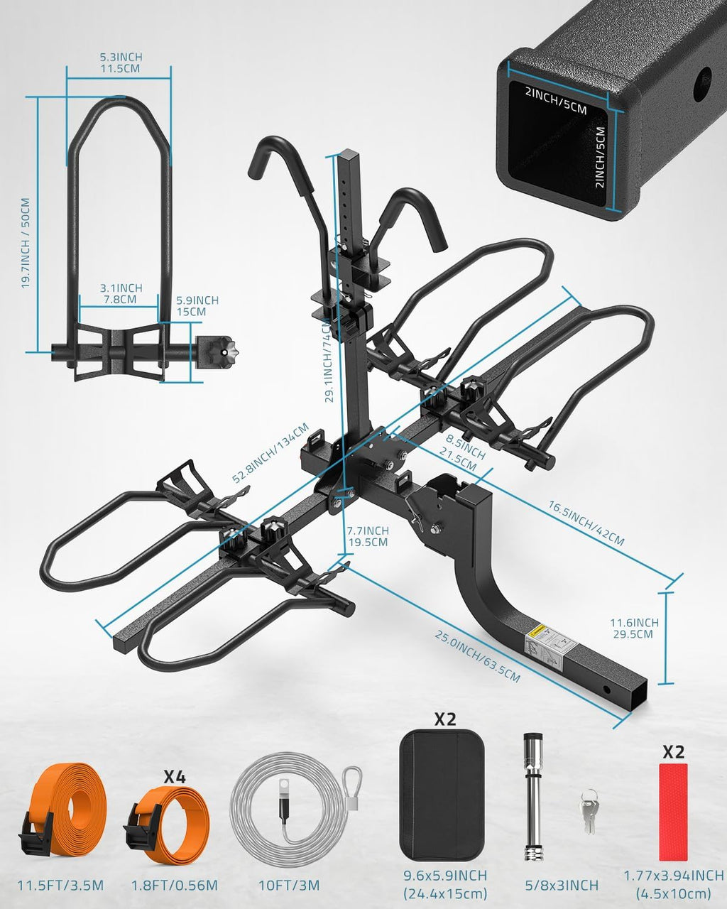PAULINN Ebike Rack for Tow Hitch, Heavy Duty 2 Bike Folding Bicycle Car SUV Racks for E Bike,Fat Tire and Standard, 2' Hitch Receiver, 200 LBS