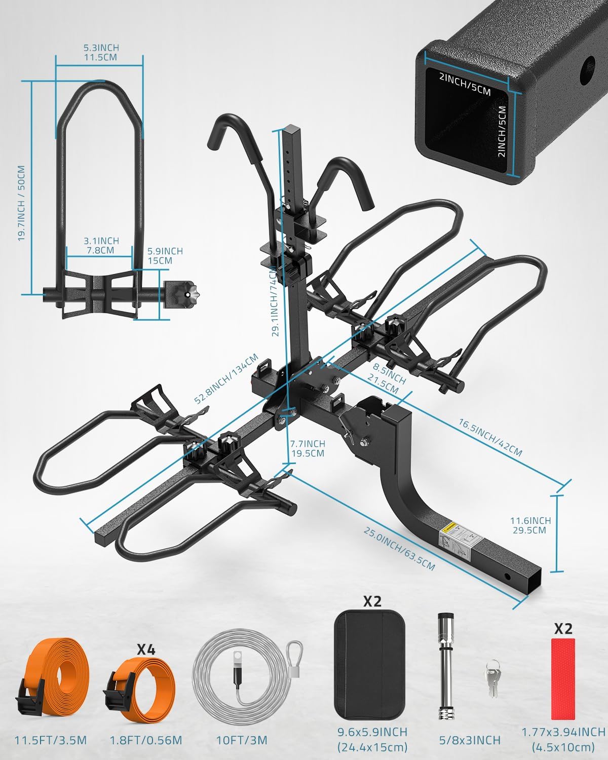 PAULINN Ebike Rack for Tow Hitch, Heavy Duty 2 Bike Folding Bicycle Car SUV Racks for E Bike,Fat Tire and Standard, 2' Hitch Receiver, 200 LBS