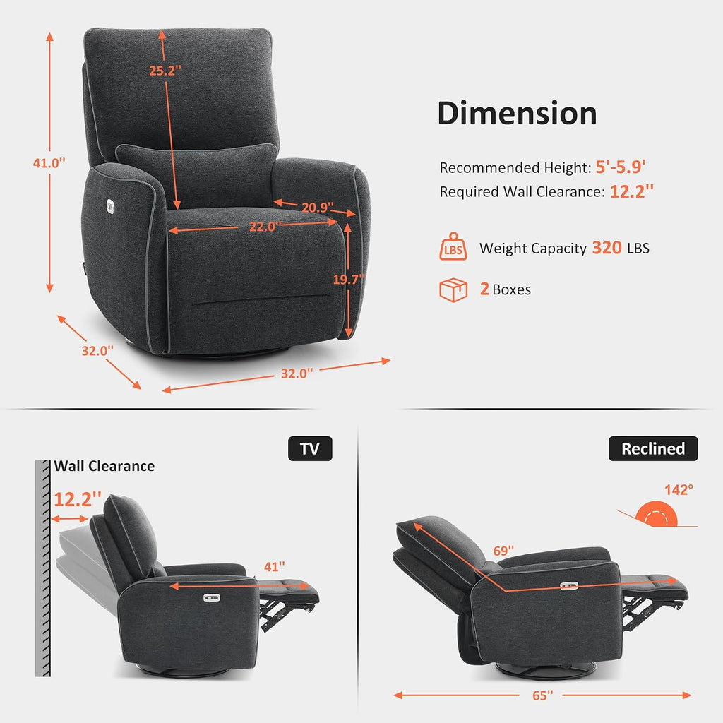 MCombo Power Swivel Glider Rocker Recliner Chair, Electric Swivel Rocker Recliner with USB Charging Ports for Living Room and Nursery, Fabric 6922 (Grey)