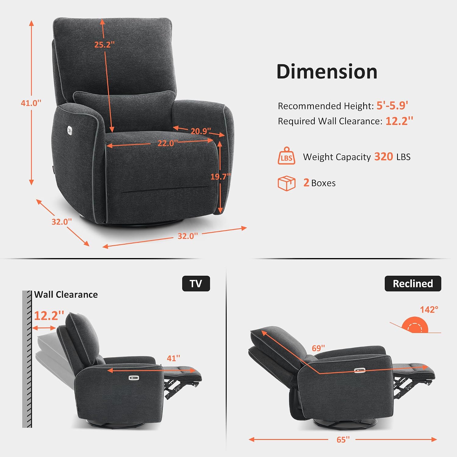 MCombo Power Swivel Glider Rocker Recliner Chair, Electric Swivel Rocker Recliner with USB Charging Ports for Living Room and Nursery, Fabric 6922 (Grey)