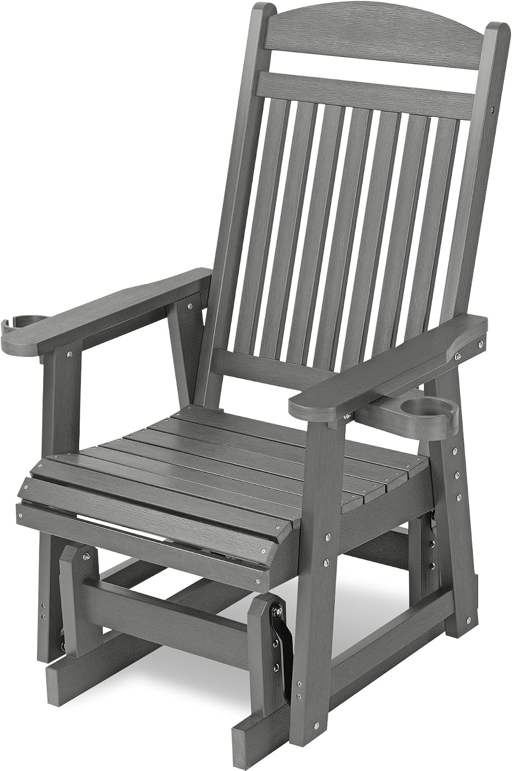 Poly Lumber Patio Glider for One Person, with Cup Holders, High Backrest and Deep Contoured Seat, HIPS Material, All-Weather Resistant, Heavy Duty 700 LBS (Gray)