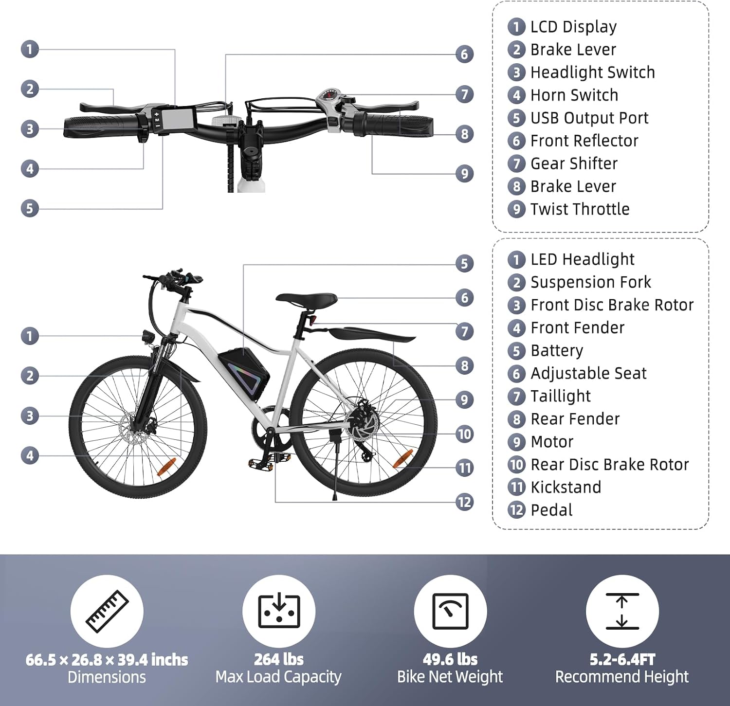 Electric Bike, 1500W/1000W/750W Peak Motor, 80/70/55 Miles Range & 20MPH Speed, 26'' Tires, APP Control E Bike, Shock Absorber, Adjustable Seat, Commuting Electric Bike for Adults