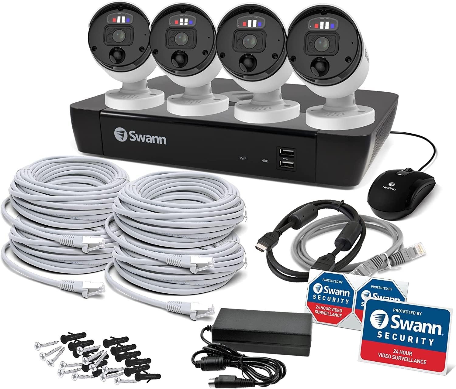 Swann Pro 4K Ultra HD, 8 Channel Security System, 2TB NVR, 4 Bullet PoE IP Cameras Outdoor, Wired Surveillance CCTV, Heat Motion Vehicle Detection, LED Light, 24/7 Recording Security Camera, 889804