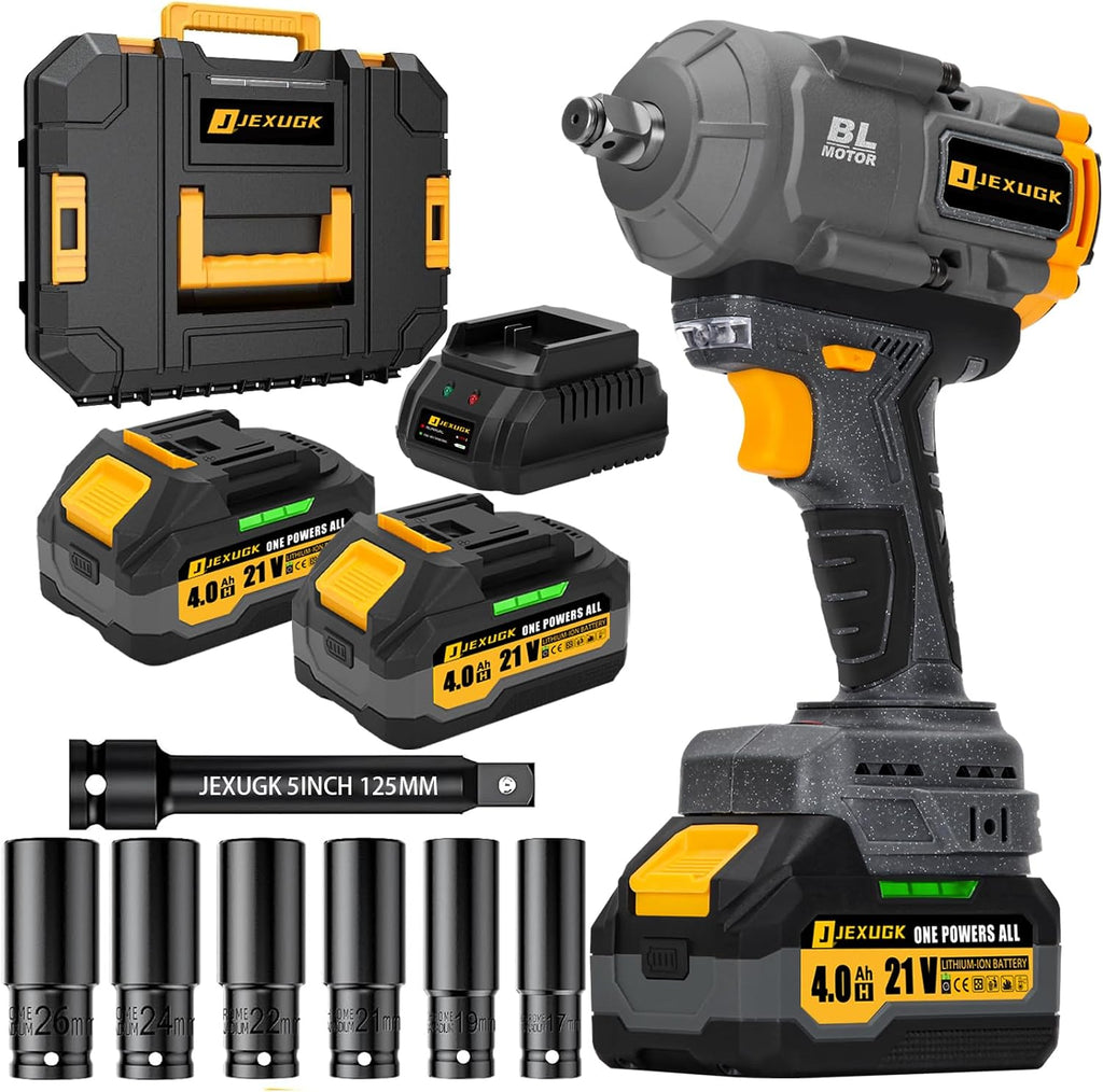 JEXUGK 1500Nm Impact Wrench, 1/2' 1107ft-lbs Cordless Impact Gun with 2 x 4.0Ah Battery, 21V High Torque Power Impact Driver with 6 Sockets,Pistola Llave De Impacto for Truck RV Car Heavy Construction