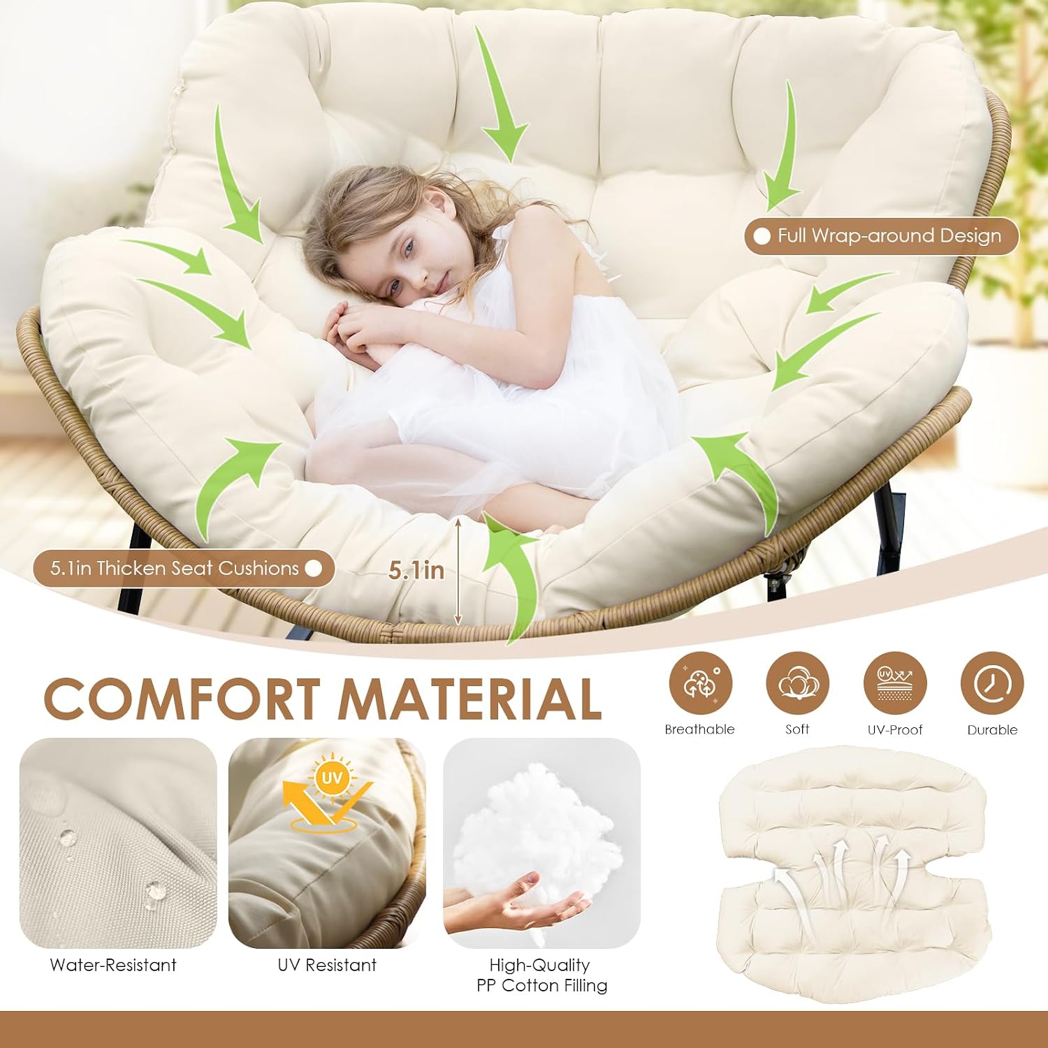 RADIATA Rocking Egg Chair Outdoor, Oversized Papasan Rocker with Cushion, 450 lbs Extra Wide Rocking Lounge Chairs, PE Wicker Big Comfy Sturdy Recliner Glider for Patio Porch Garden Living Room Beige