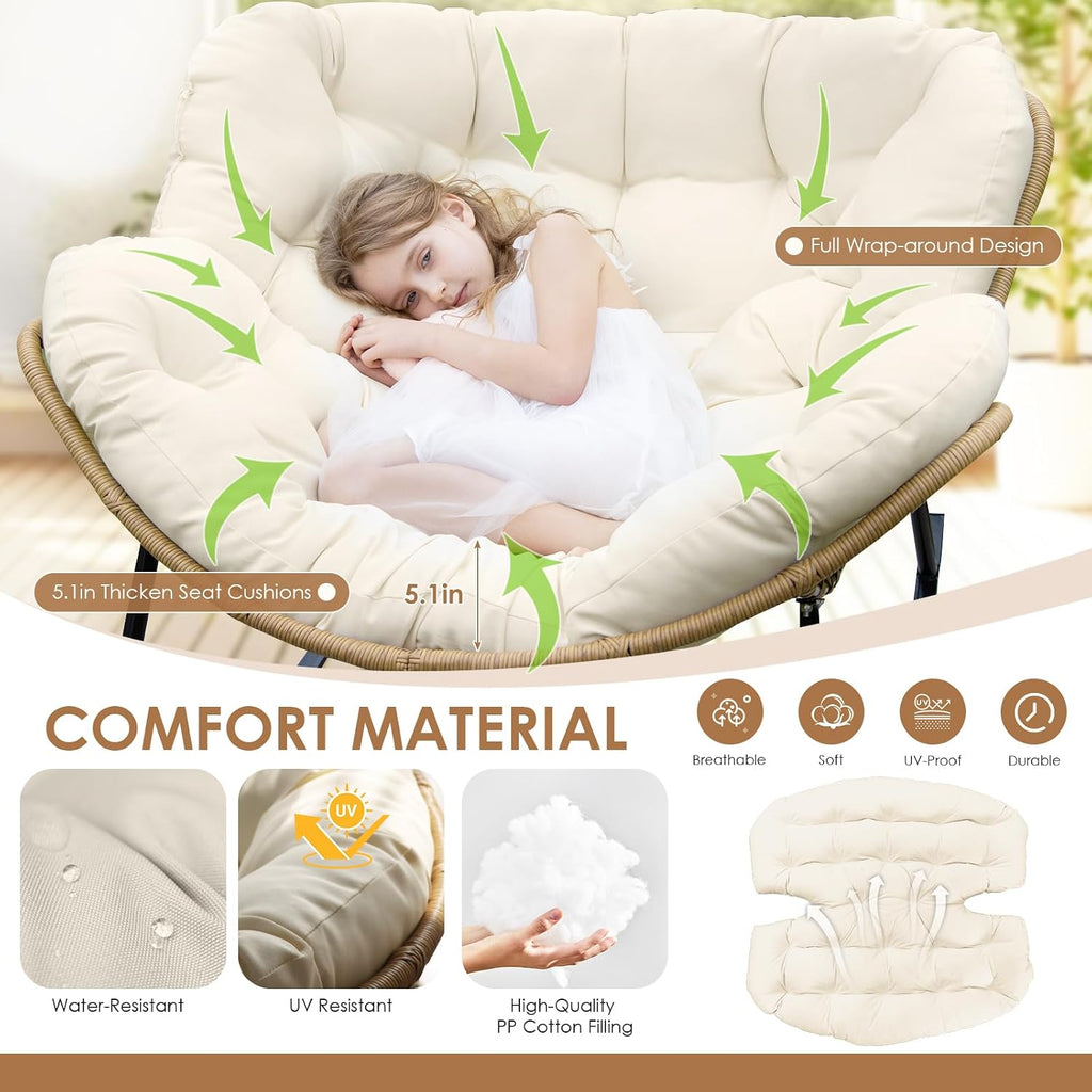 RADIATA 2 PCS Rocking Egg Chair with Cushion, Indoor Outdoor Oversized Lounge Chair for 2 Person, Comfy PE Wicker Papasan Rocker with 450 lbs Heavy Duty Capacity for Patio Porch Balcony Garden Beige