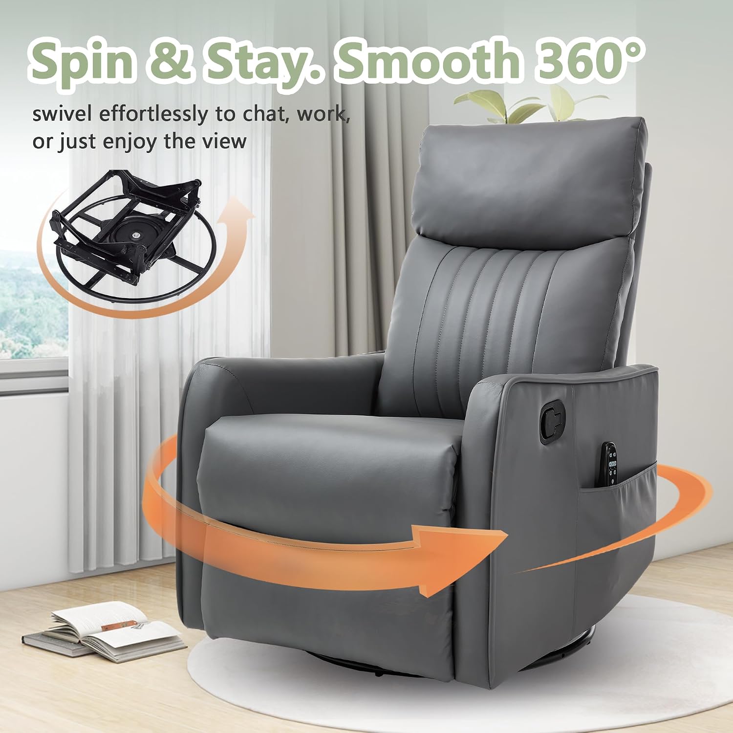 cinkehome Heated Massage Swivel Rocker Recliner Chair for Nursery - Small Space Reclining Chair with Lumbar Support, 360° Swivel & Gentle Rocking, Ergonomic High Back Faux Leather Gray