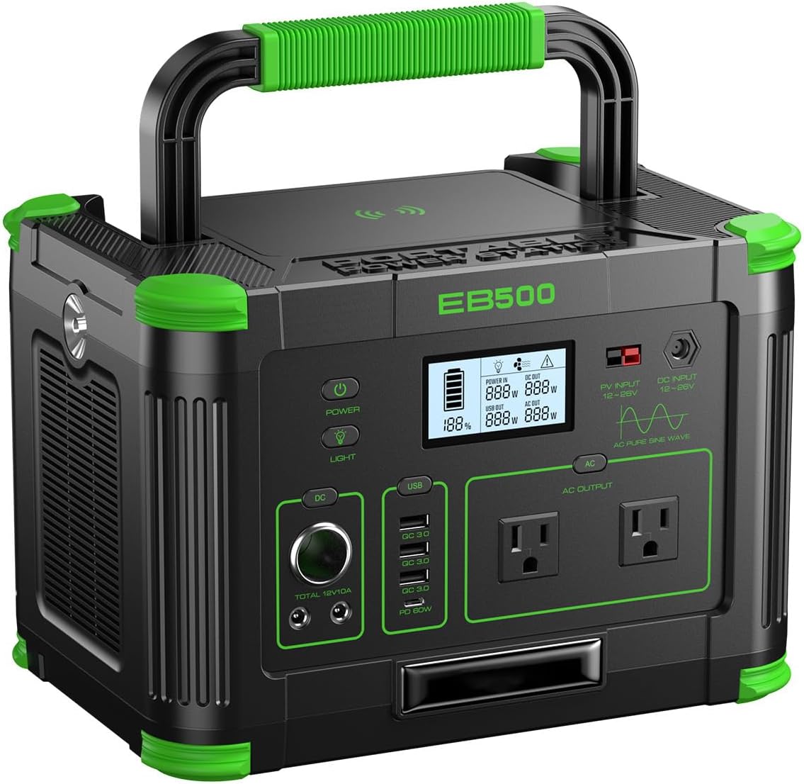 Portable Power Station 500W (Peak 1000W), 519Wh Solar Generator with 2x AC Outlets, 60W USB-C PD Fast Charging, 10-Port with Wireless Charger, Pure Sine Wave, Camping RV Travel Emergency Home Backup
