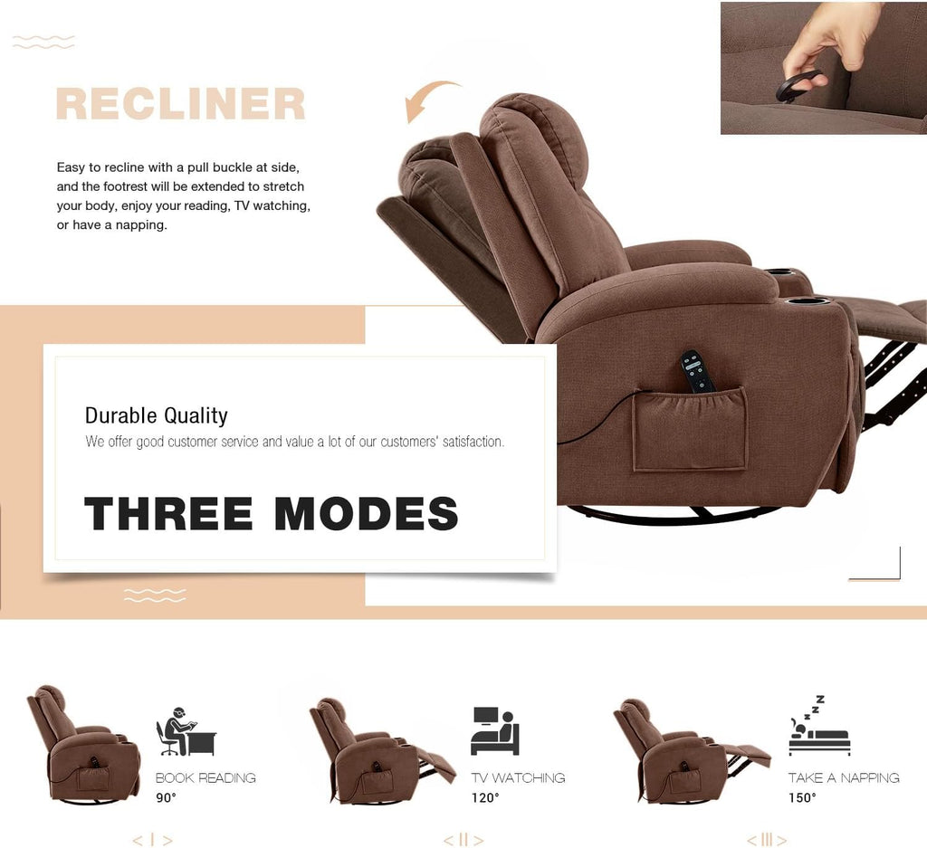 Flamaker Rocking Chair Recliner Chair with Massage Swivel Ergonomic Lounge Chair Classic Single Sofa with 2 Cup Holders Side Pockets Living Room Chair Home Theater Seat (Brown)