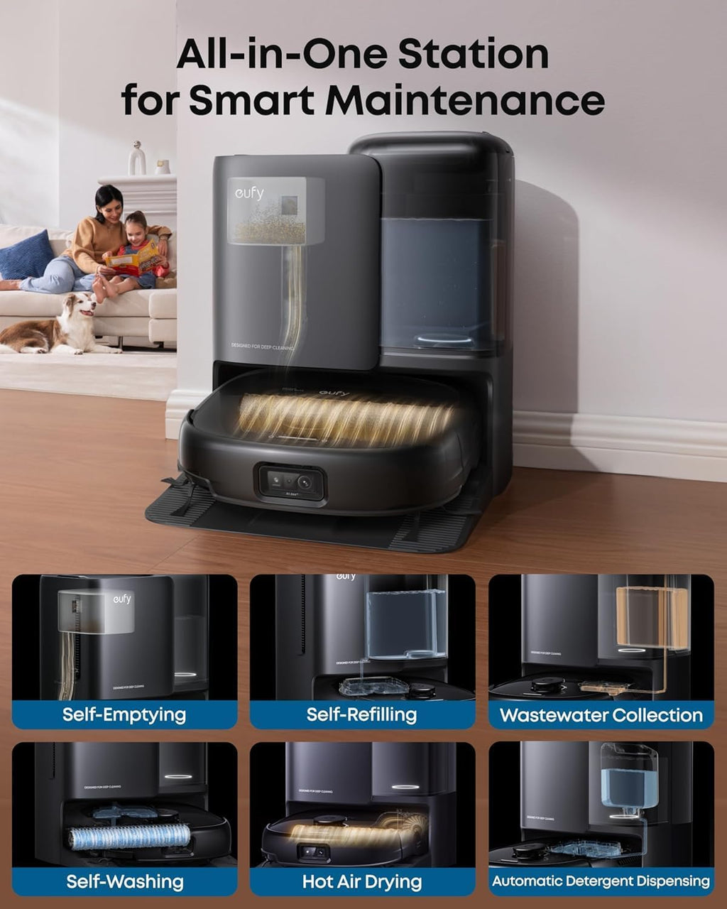 eufy E25 Omni Robot Vacuum and Mop Combo,HydroJet System, 20,000Pa Turbo Suction, Zero-Tangle Design, Auto-Empty & Self-Cleaning All-in-One Station + Official Floor Cleaning Solution*1