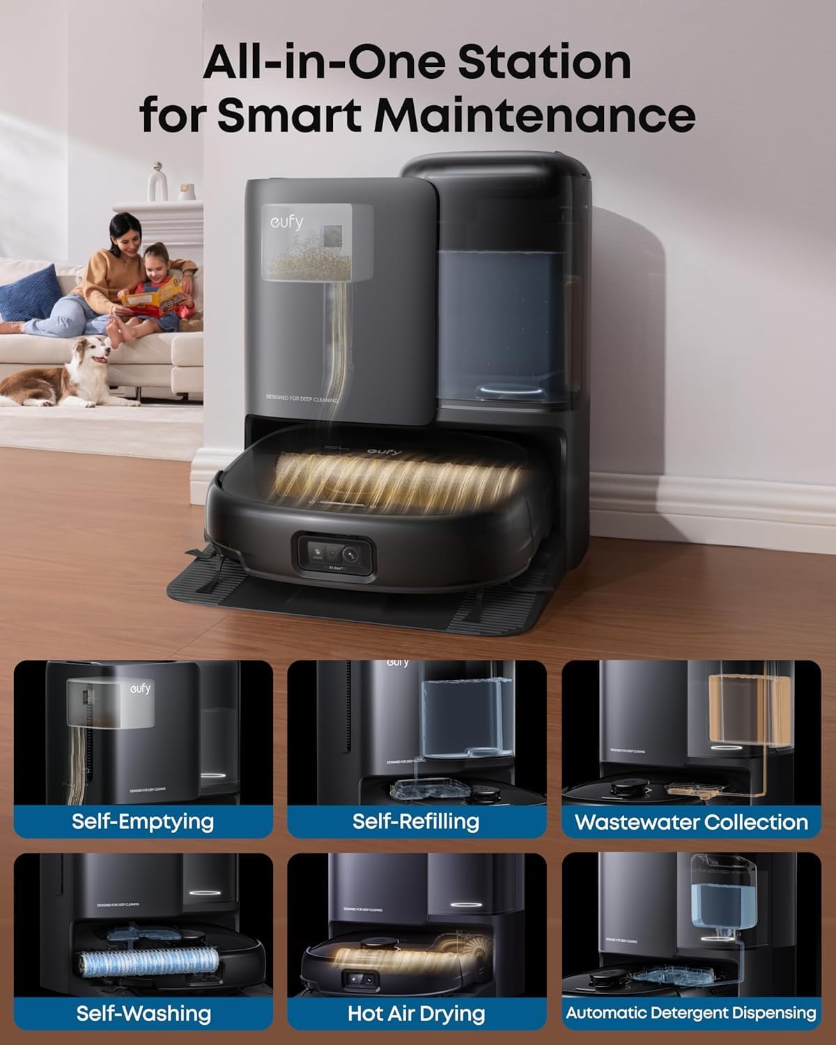 eufy E25 Omni Robot Vacuum and Mop Combo,HydroJet System, 20,000Pa Turbo Suction, Zero-Tangle Design, Auto-Empty & Self-Cleaning All-in-One Station + Official Floor Cleaning Solution*1