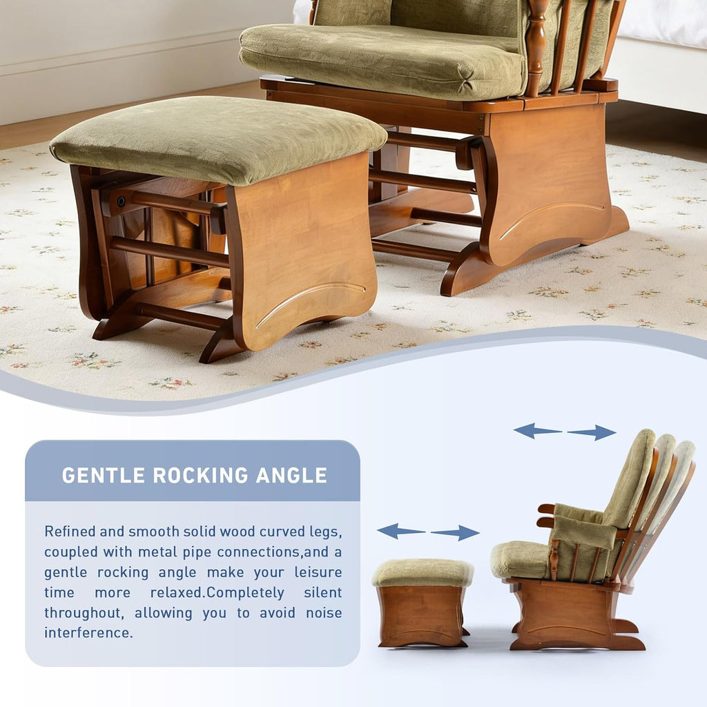 Glider Rocking Chair with Ottoman Set, Solid Wood Nursery Glider Rocker with Padded Cushion, High Back Upholstered Swivel Glider for Living Room, Nursing, Reading, 280LBS Weight Capacity,Oak+Khaki