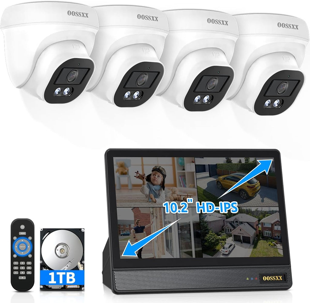 OOSSXX (2026 Update) 4K PoE Security Camera System with 10' Monitor, 4 Wired Cameras Outdoor Indoor, 4CH NVR with 1TB HDD, Built-in Mic, No Monthly Fee, Free App Remote Access