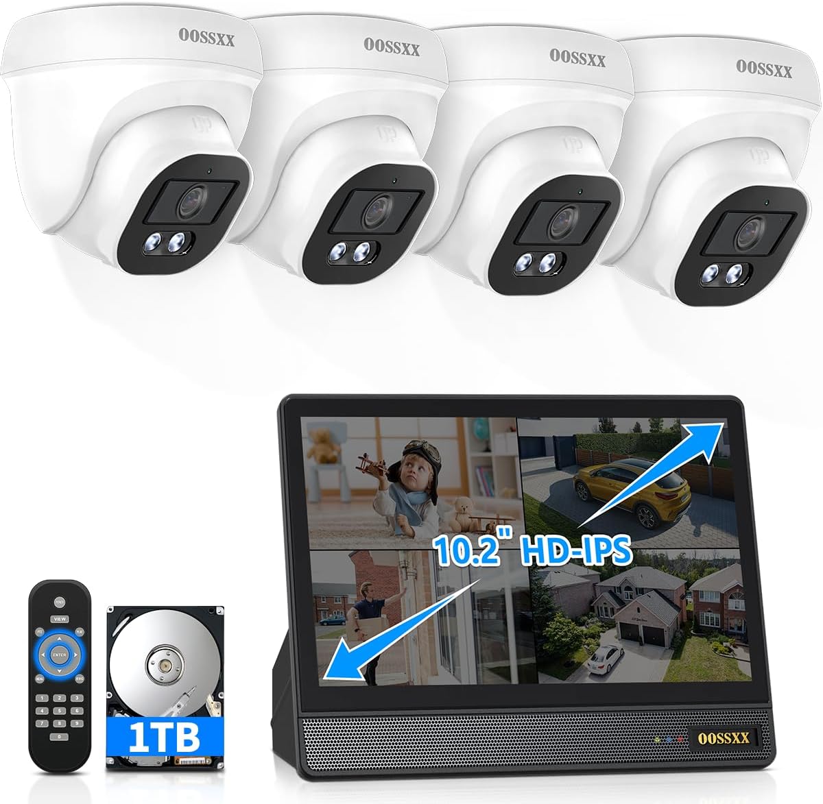 OOSSXX (2026 Update) 4K PoE Security Camera System with 10' Monitor, 4 Wired Cameras Outdoor Indoor, 4CH NVR with 1TB HDD, Built-in Mic, No Monthly Fee, Free App Remote Access