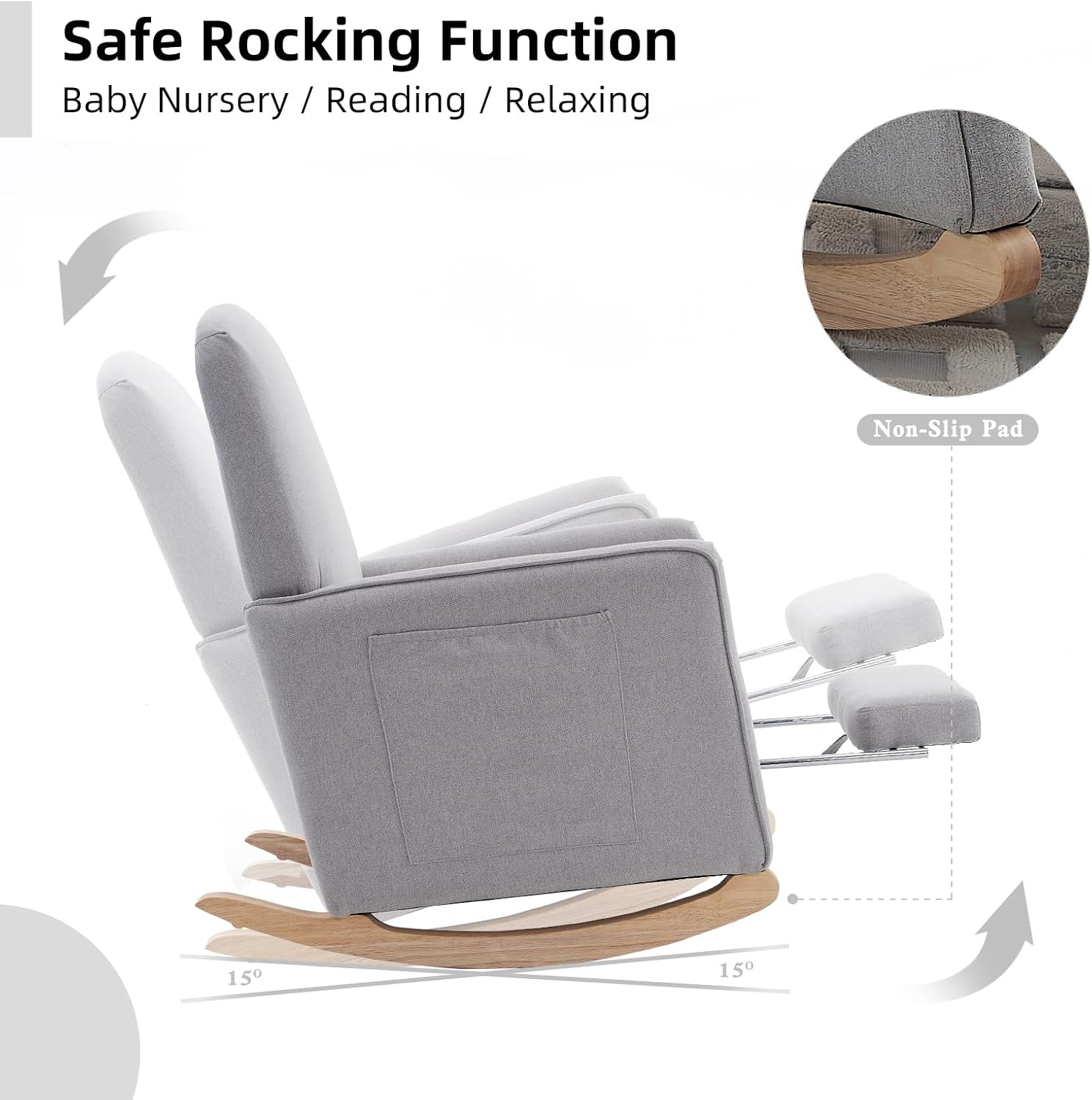Rocking Chair Nursery with Foot Rest, Nursing Rocking Chair with High Backrest, Glider Rocker Chair for Living Room, Bedroom, Nursery(Cotton Linen Light Gray)