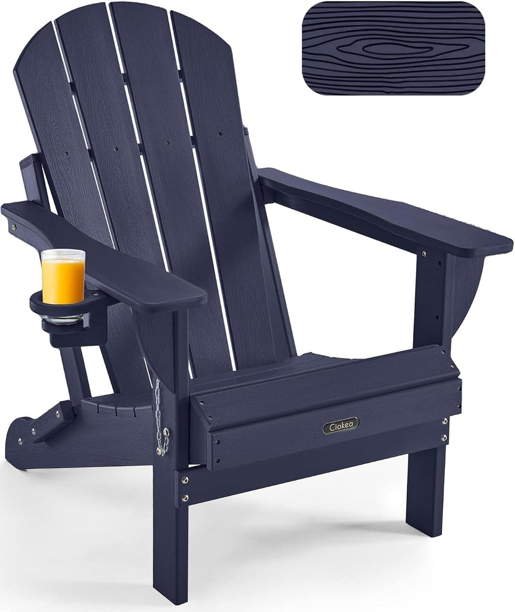 Ciokea Folding Adirondack Chair Wood Texture, Patio Adirondack Chair Weather Resistant, Plastic Fire Pit Chair with Cup Holder, Lawn Chair for Outdoor Porch Garden Backyard Deck, Dary Navy Blue