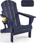 Ciokea Folding Adirondack Chair Wood Texture, Patio Adirondack Chair Weather Resistant, Plastic Fire Pit Chair with Cup Holder, Lawn Chair for Outdoor Porch Garden Backyard Deck, Dary Navy Blue