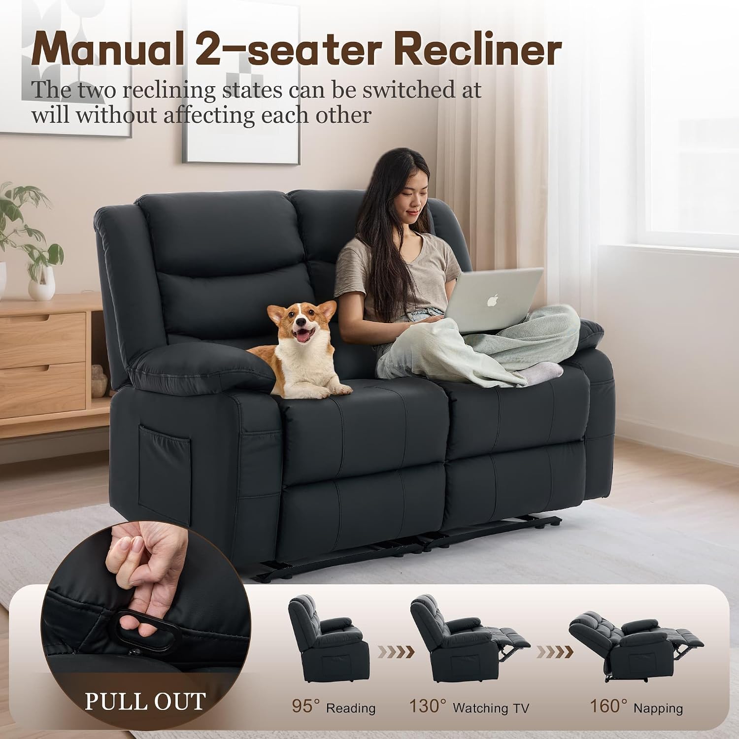 Korser Loveseat Recliner Sofa for RV Furniture and Theater Seating, Wall Hugger Loveseat Recliner, Oversized Loveseats Couch with Front Porckets&Side Pockets, Fabric, Black