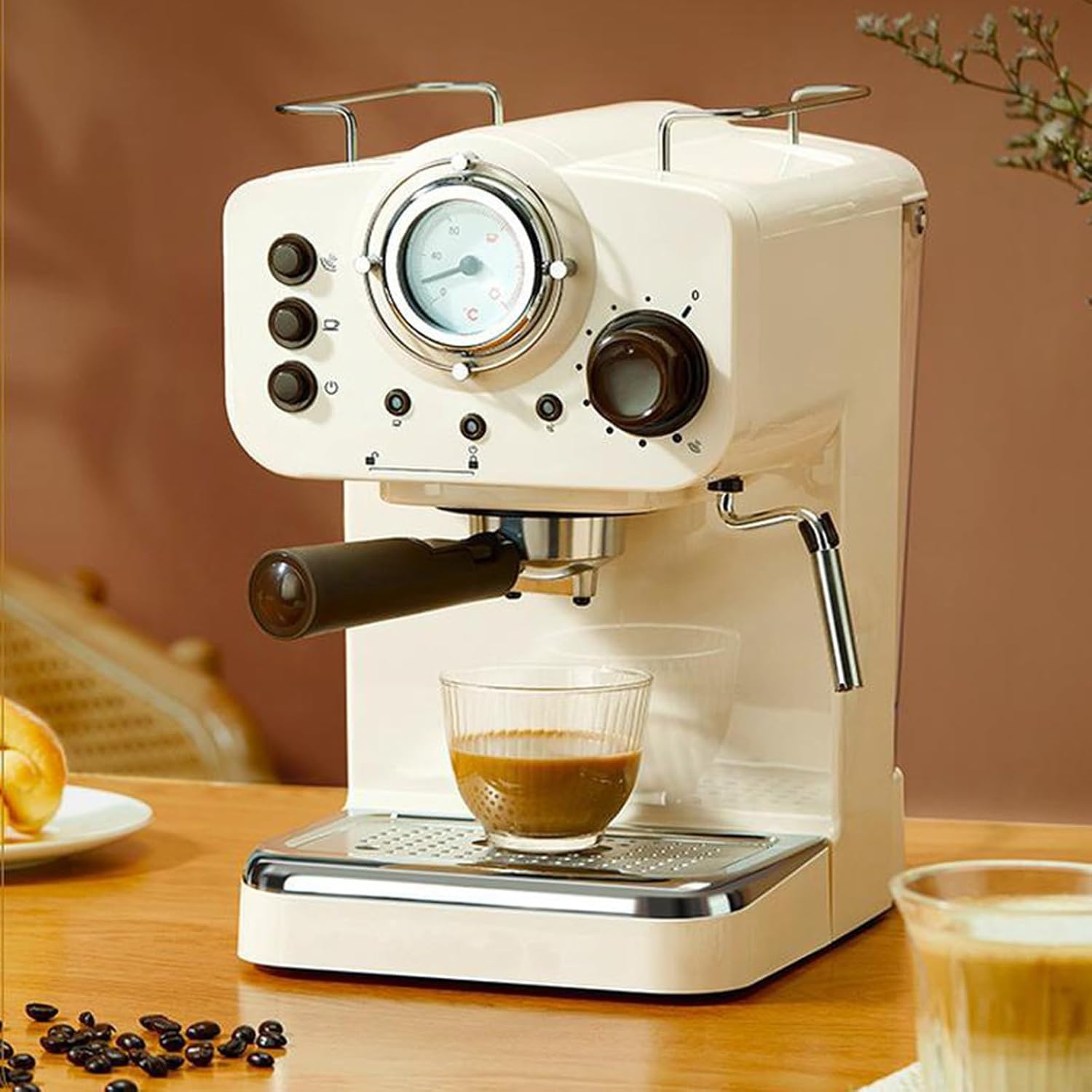 Espresso Coffee Maker, Home Retro Coffee Machine 15bar, with Steam Frother, Water Tank 1.25l, 2 Kinds Powder Bowls, for Home,Conference Room