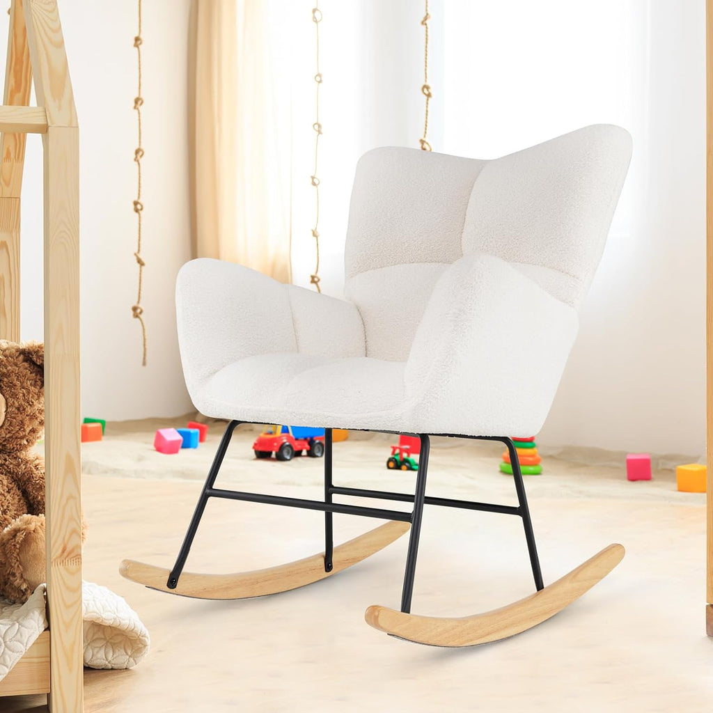 Giantex Rocking Chair Nursery, Teddy Upholstered Glider Rocker Chair w/High Backrest, Armrests & Rubber Wood Feet, Modern Sherpa Rocking Accent Chair for Living Room, Bedroom & Office, Beige