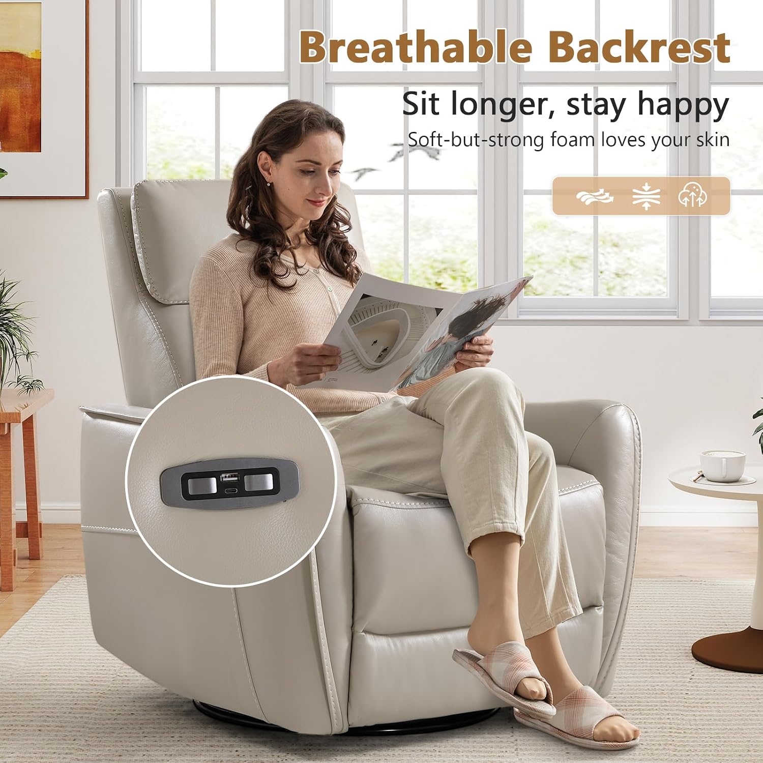 ANJ Power Swivel Rocker Recliner Chair,Nursery Rocking Chairs with USB & Type C Port,Upholstered Faux Leather Glider Rocking Chair for Living Room, Silver Gray