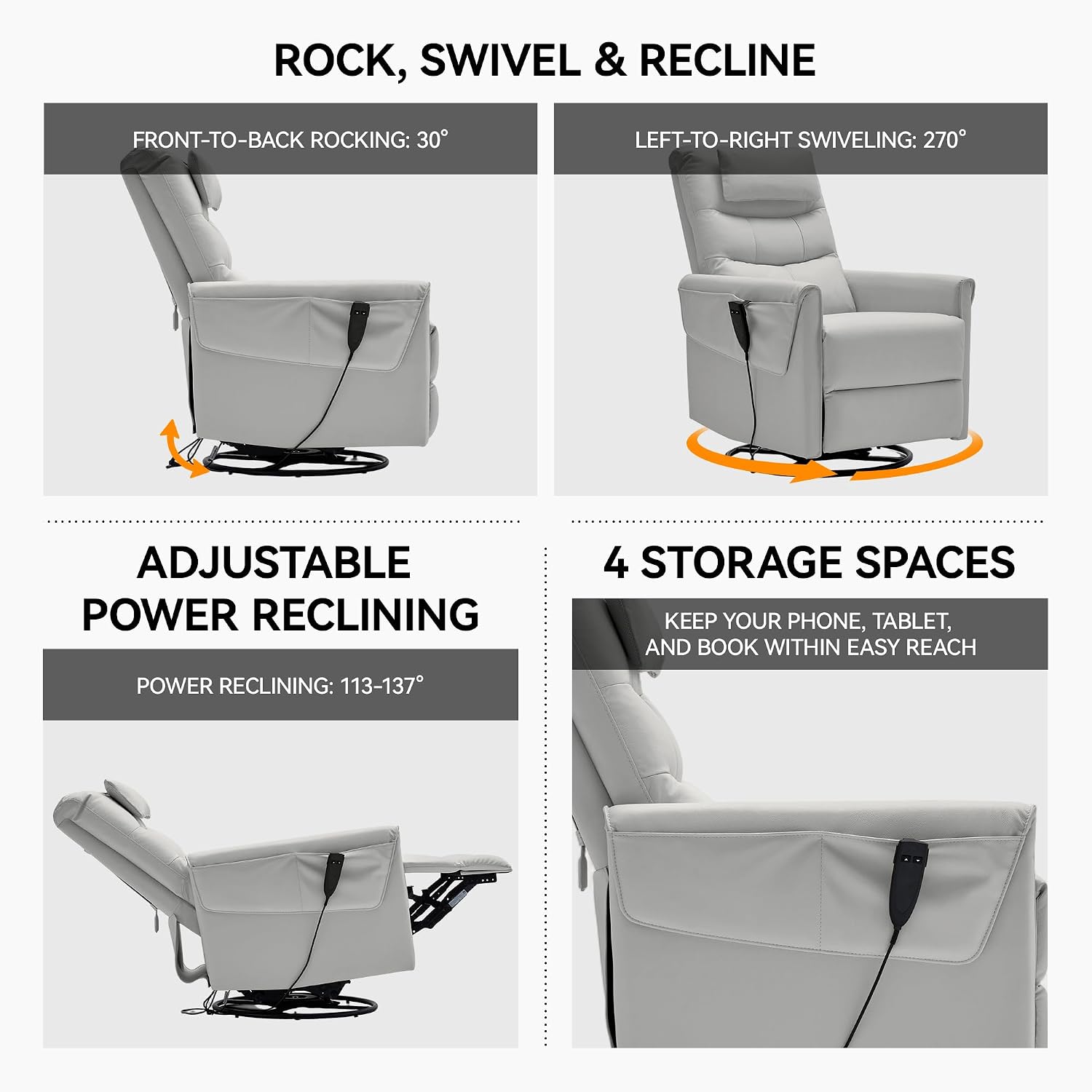 AIRSKY Genuine Leather Recliner Chair, Power Recliner Chair for Adults, Italian Water-Washing Process,Single Sofa for Living Room,Swivel Rocker Recliner, Lazy Boy Recliner Chairs,Grey, P1